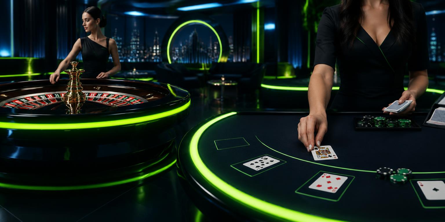 Live roulette en blackjack tafels met groene neon bij Neospin