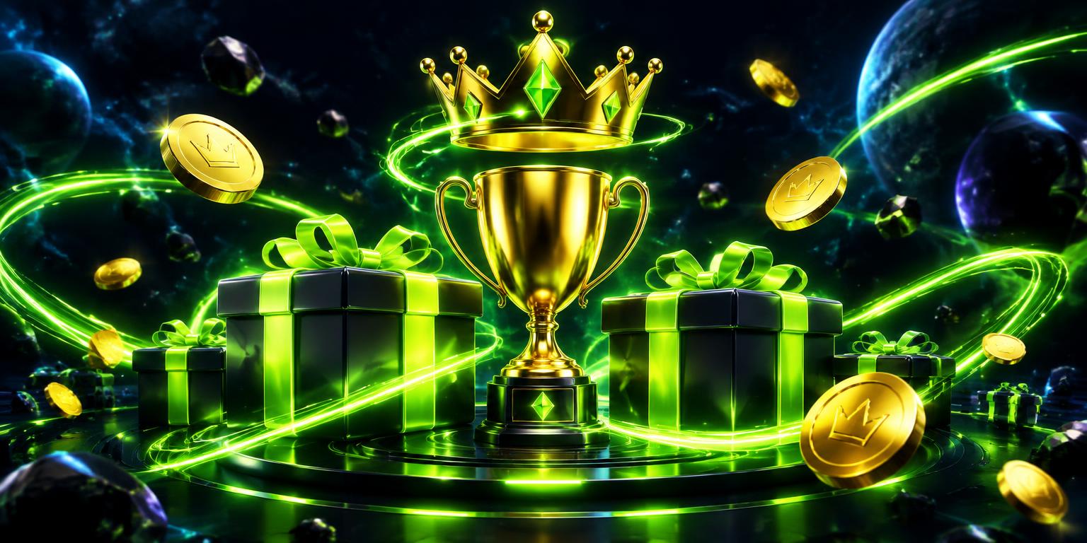 Cadeaus, trofee en kroon in neon groen voor Neospin promoties